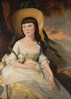 19th Century Oil - Girl In Yellow And Her Little Lamb
