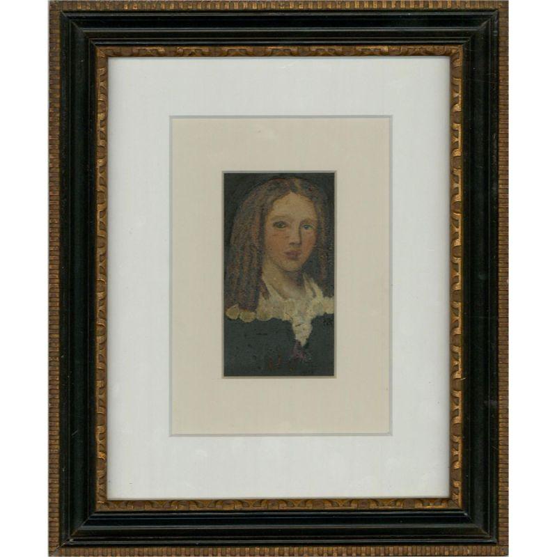 A smart miniature portrait of a girl with ringlets. She wears a black dress trimmed with a lace collar. Presented glazed in a cream and white double mount and a black and gilt Hogarth frame. Unsigned. On board.
