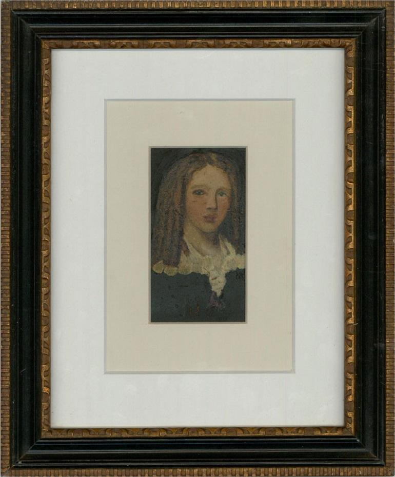 19th Century Oil - Girl with Ringlets - Gray Portrait Painting by Unknown