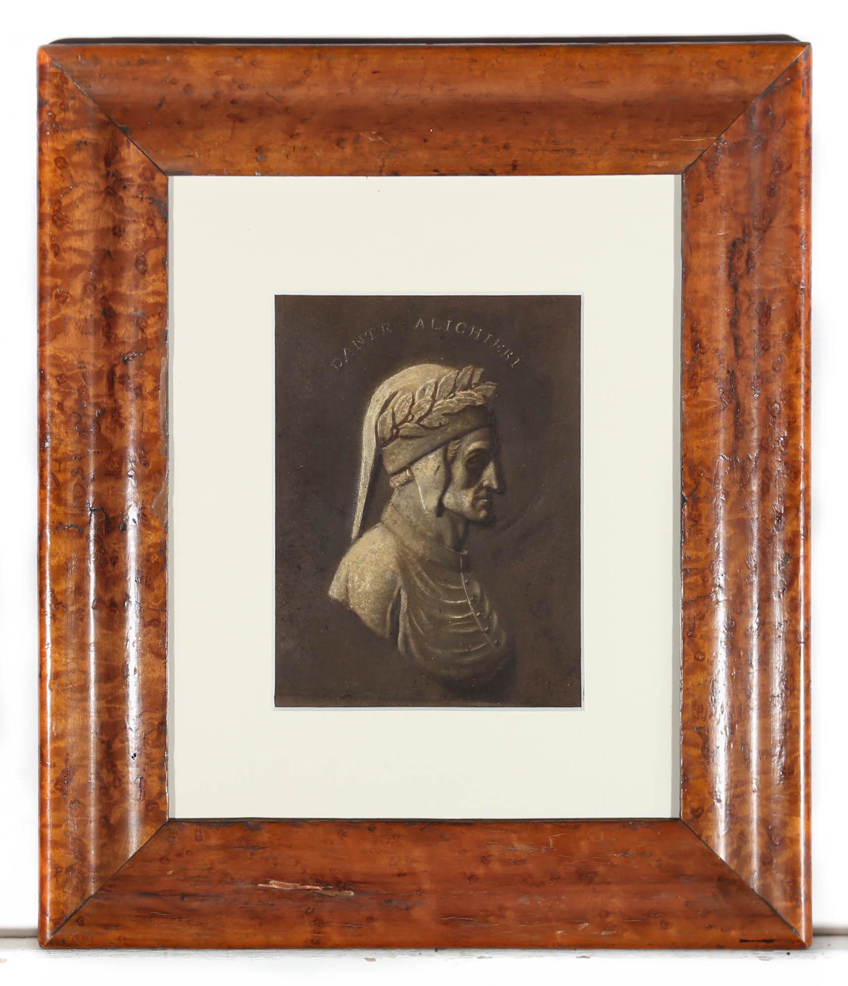 A fine 19th Century relief portrait in oil showing the profile of the renowned Italian poet, writer and philosopher Dante Alighieri. The artist has wonderfully captured Dante's famously stern profile and he wears the traditional laurel leaf crown.
