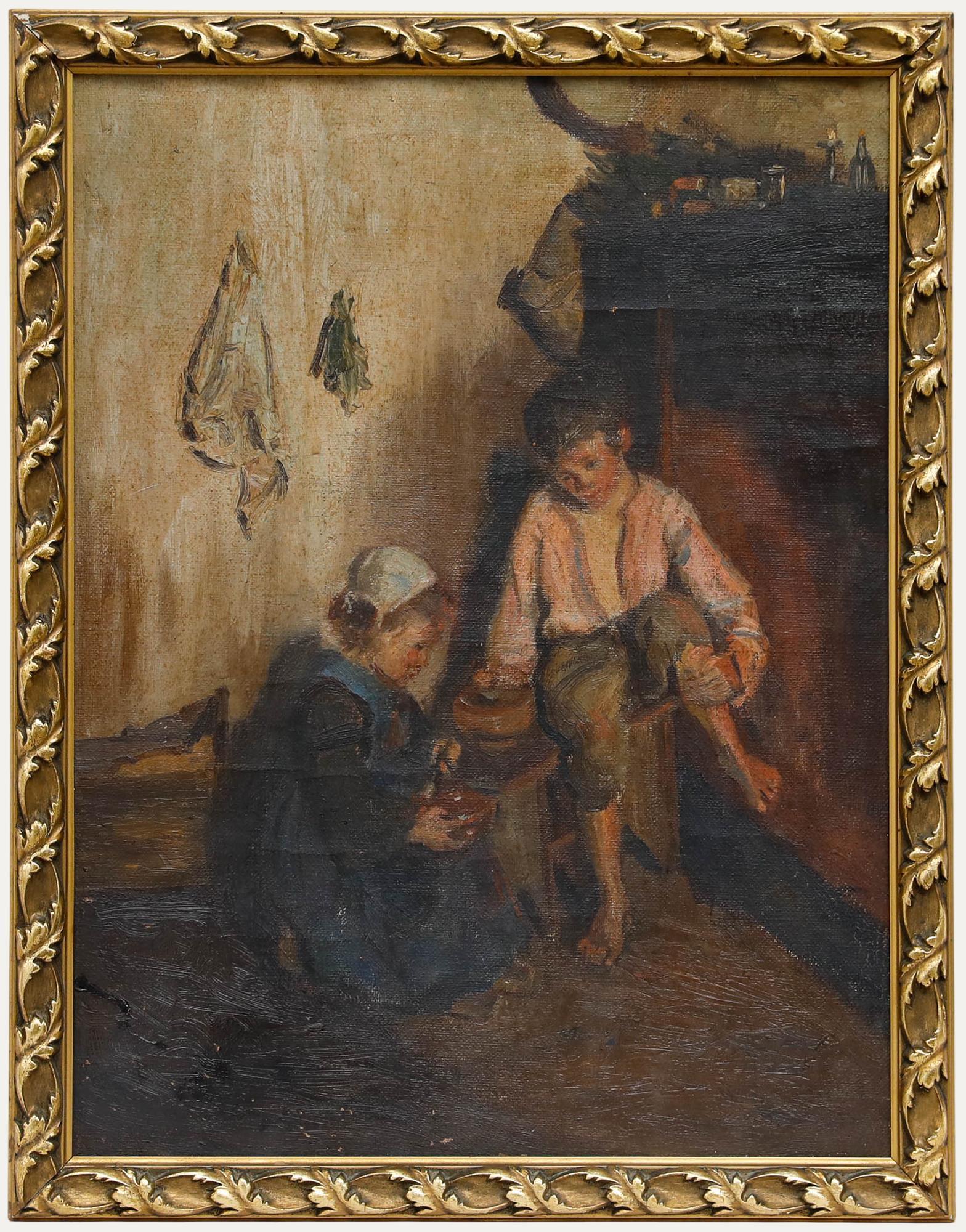 Huile du 19e siècle - Dans la chaumière