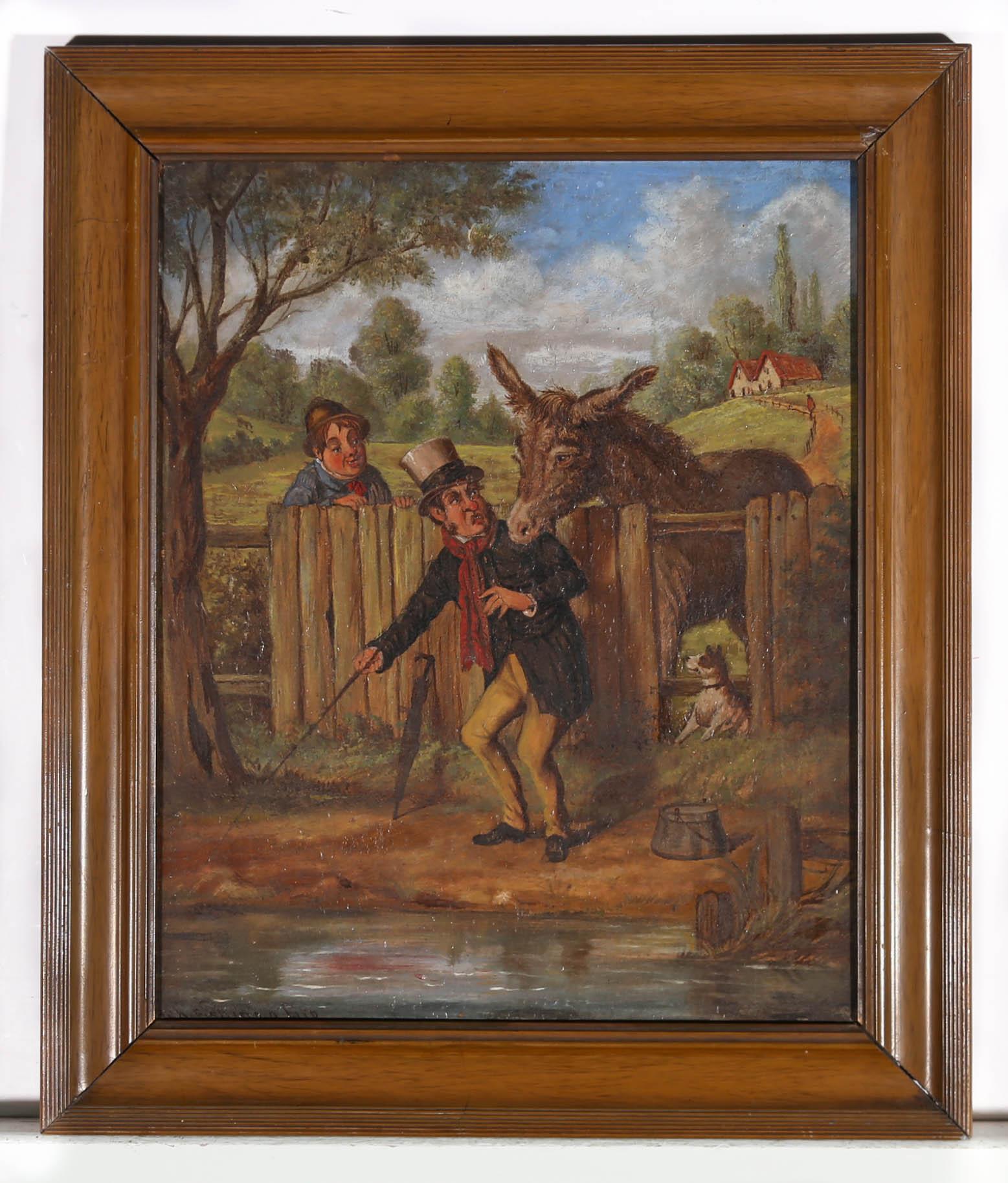 A thoroughly charming and humorous 19th Century scene, showing a smartly dressed gentleman on the bank of a stream with his fishing rod, being rudely interrupted by a mischievous donkey, biting his jacket over a fence. A red faced young boy watches