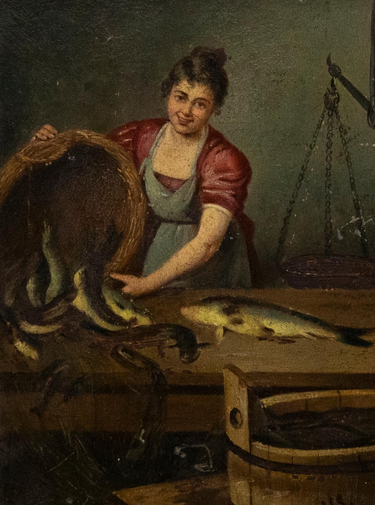 Huile du 19e siècle - Dame vidant un poisson - Painting de Unknown