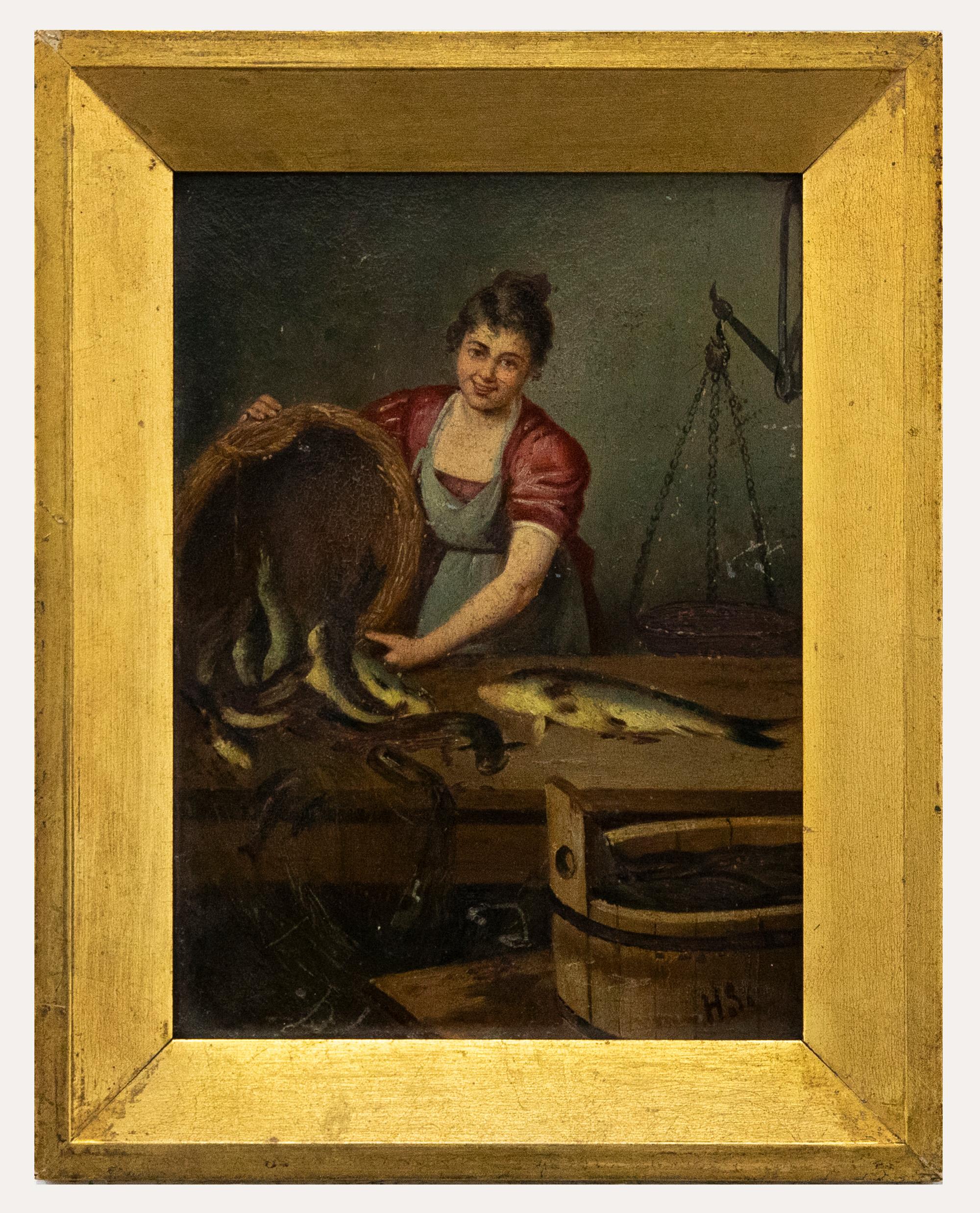 Portrait Painting Unknown - Huile du 19e siècle - Dame vidant un poisson