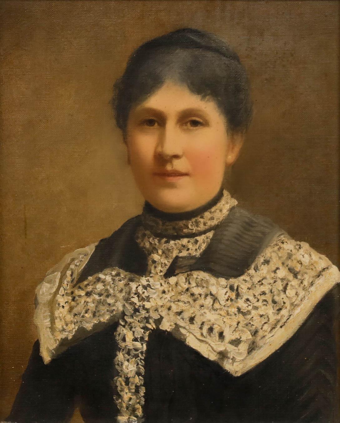 Öl aus dem 19. Jahrhundert - Dame mit Spitzenschal – Painting von Unknown