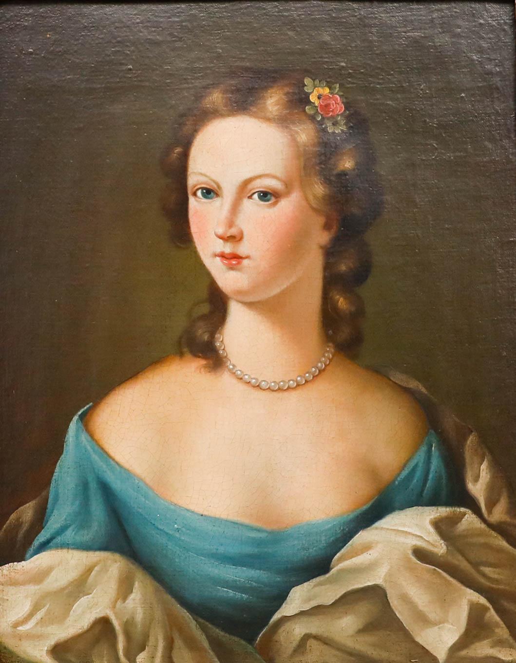 Huile du 19e siècle - Dame en bleu - Painting de Unknown