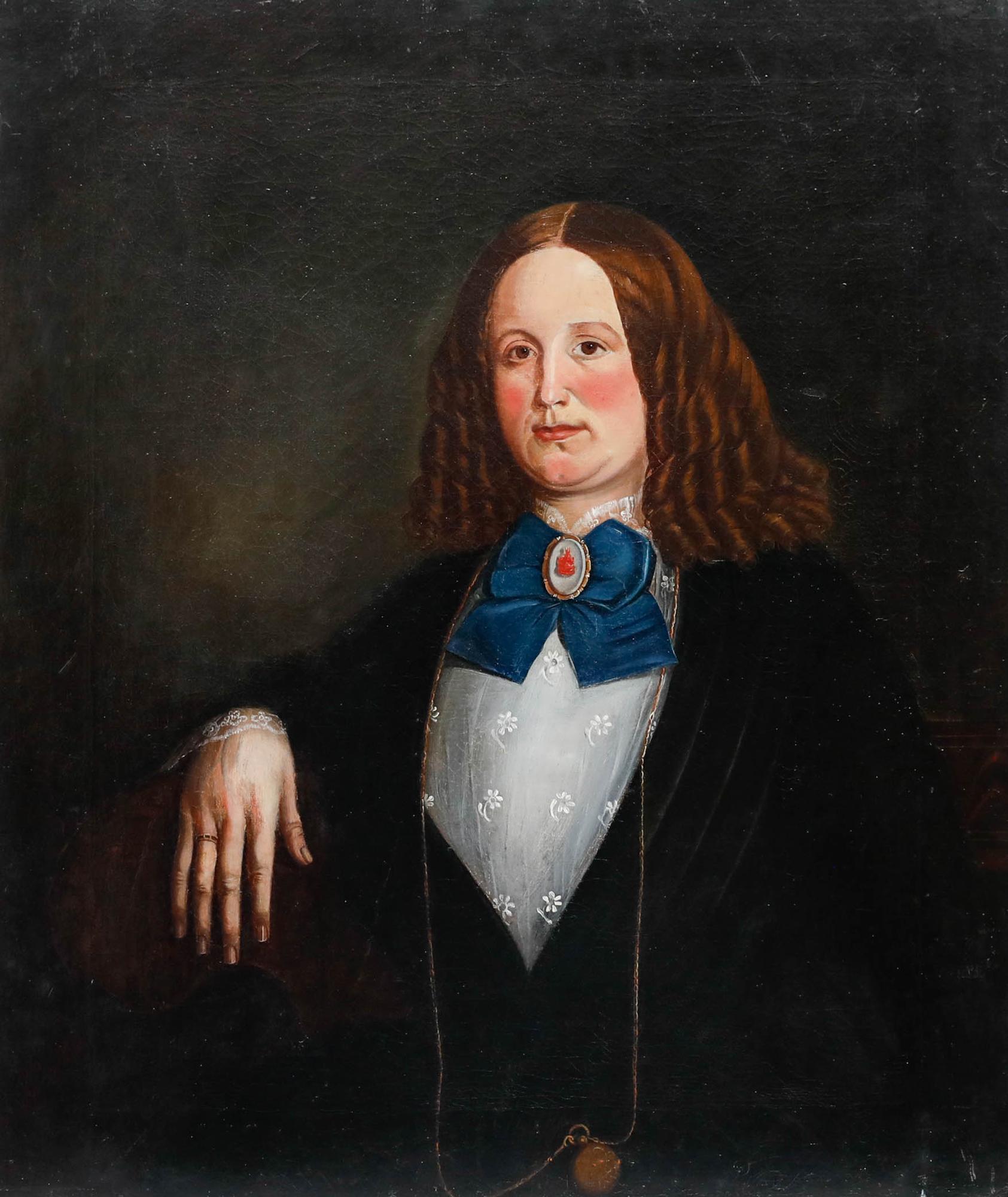 Huile du 19e siècle - Dame au nœud bleu - Noir Portrait Painting par Unknown