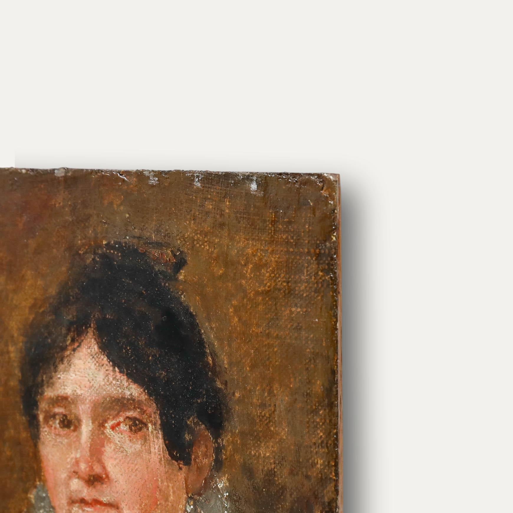 19th Century Oil - Lady with the Lace Collar - Brown Portrait Painting by Unknown