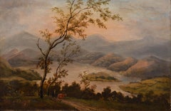 Ölgemälde des 19. Jahrhunderts – Landschaft mit sitzender Figur und Stier