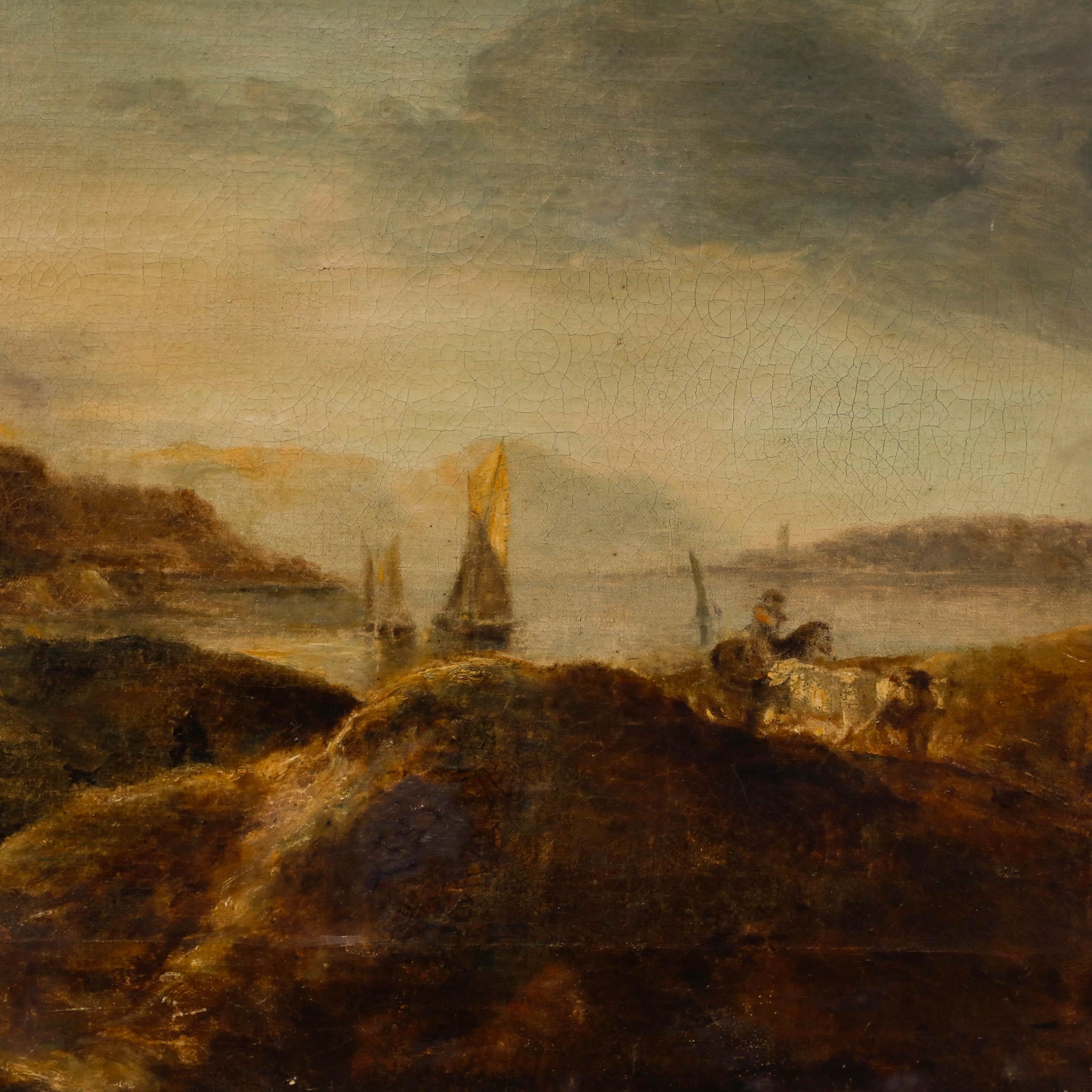 Un delizioso olio del XIX secolo che raffigura figure che camminano su dune di sabbia al tramonto. In lontananza si vede un estuario con barche a vela che galleggiano. Senza segno. Su tela su barelle.