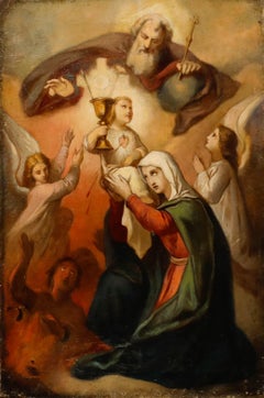 19th Century Oil - Mary with Child, Jesus and God the Father