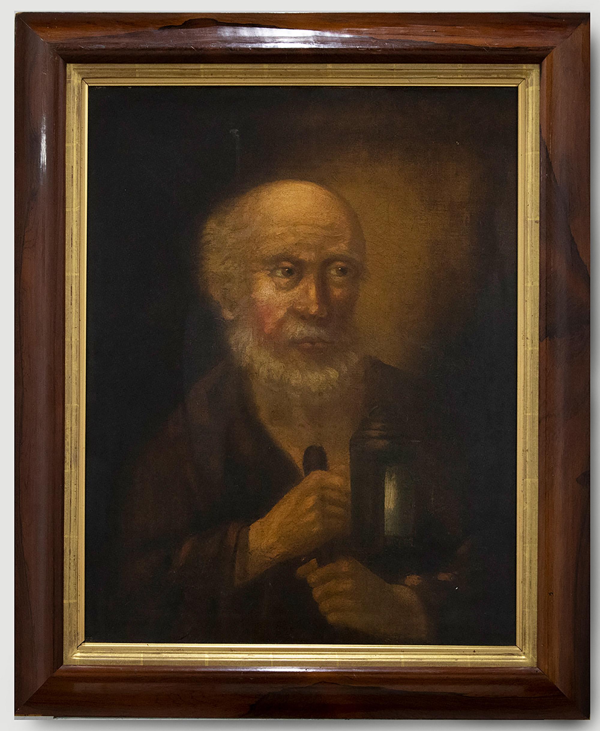 A charming portrait study of a bearded monk holding a lamp. His face is illuminated against the background making for an atmospheric scene. Unsigned. Presented in a wooden frame with a gilt slip. On canvas.