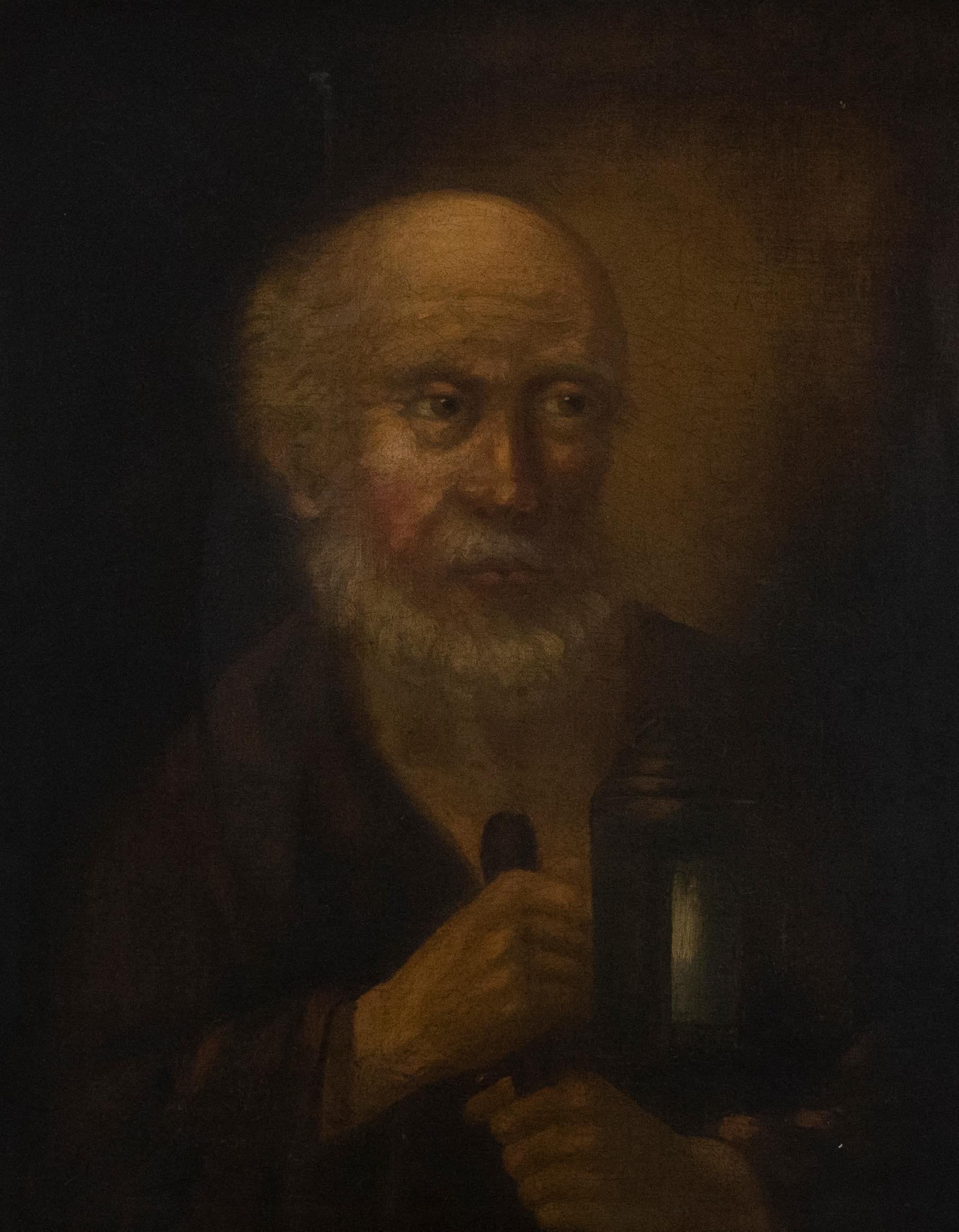 19th Century Oil - Monk Holding a Lamp For Sale 1