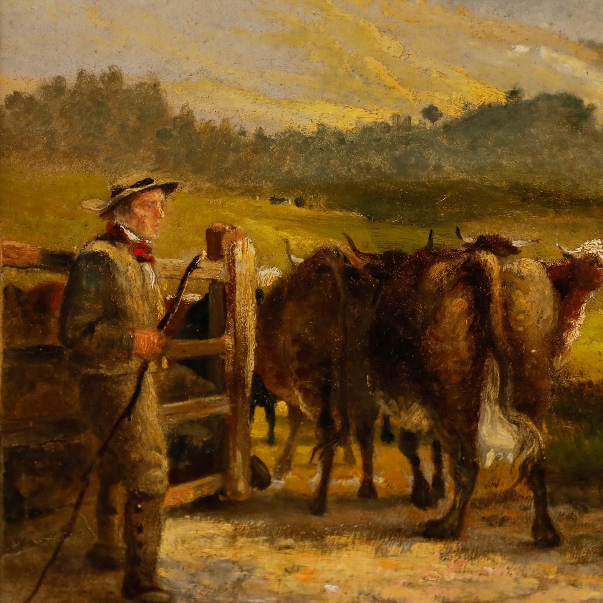 Questo dipinto di paesaggio pastorale cattura una serena scena rurale, con il bestiame radunato vicino a un cancello di legno in primo piano e le dolci colline che si estendono nella nebbiosa distanza. L'artista bilancia abilmente i dettagli intimi