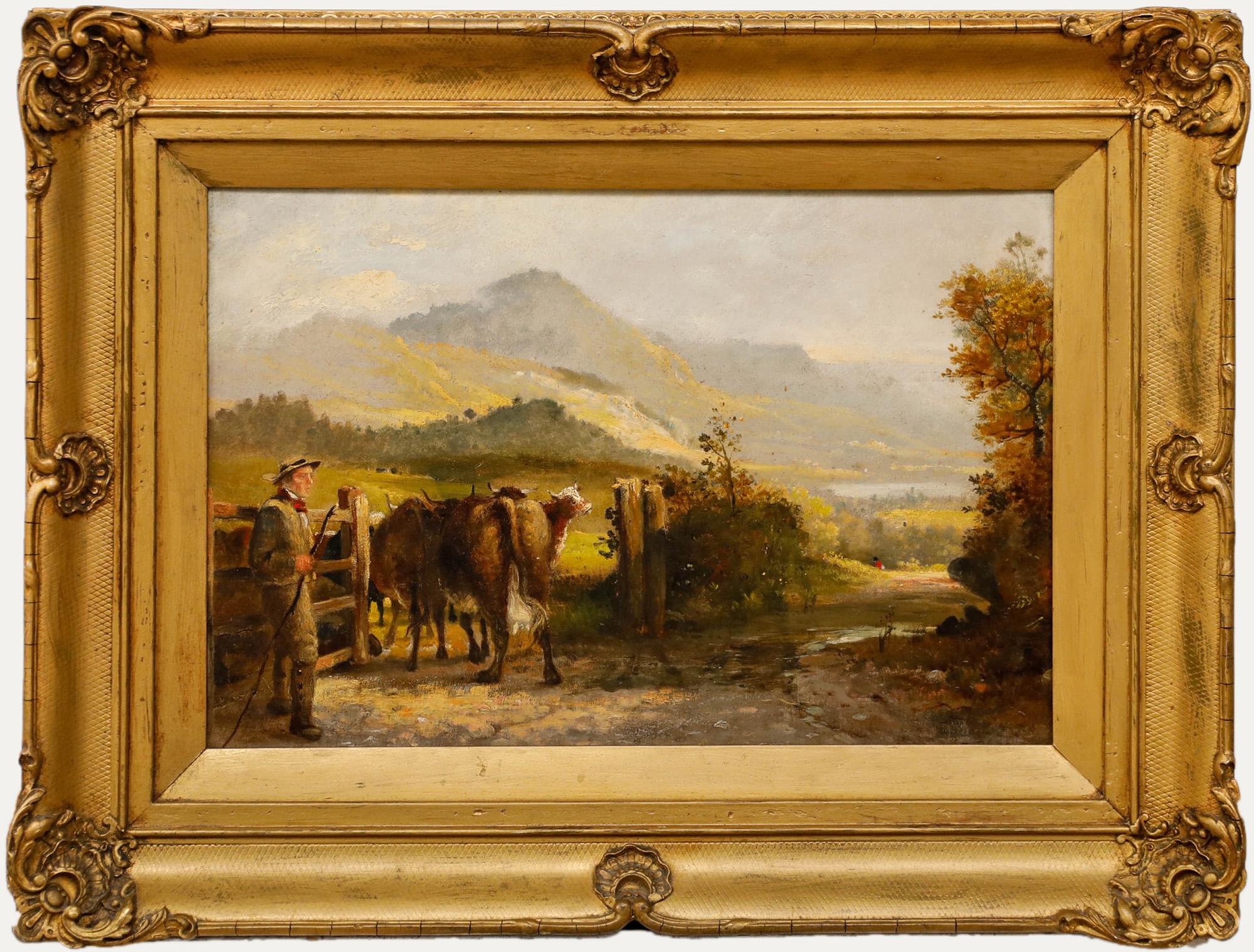 Landscape Painting di Unknown - Olio del XIX secolo - Nuovi pascoli