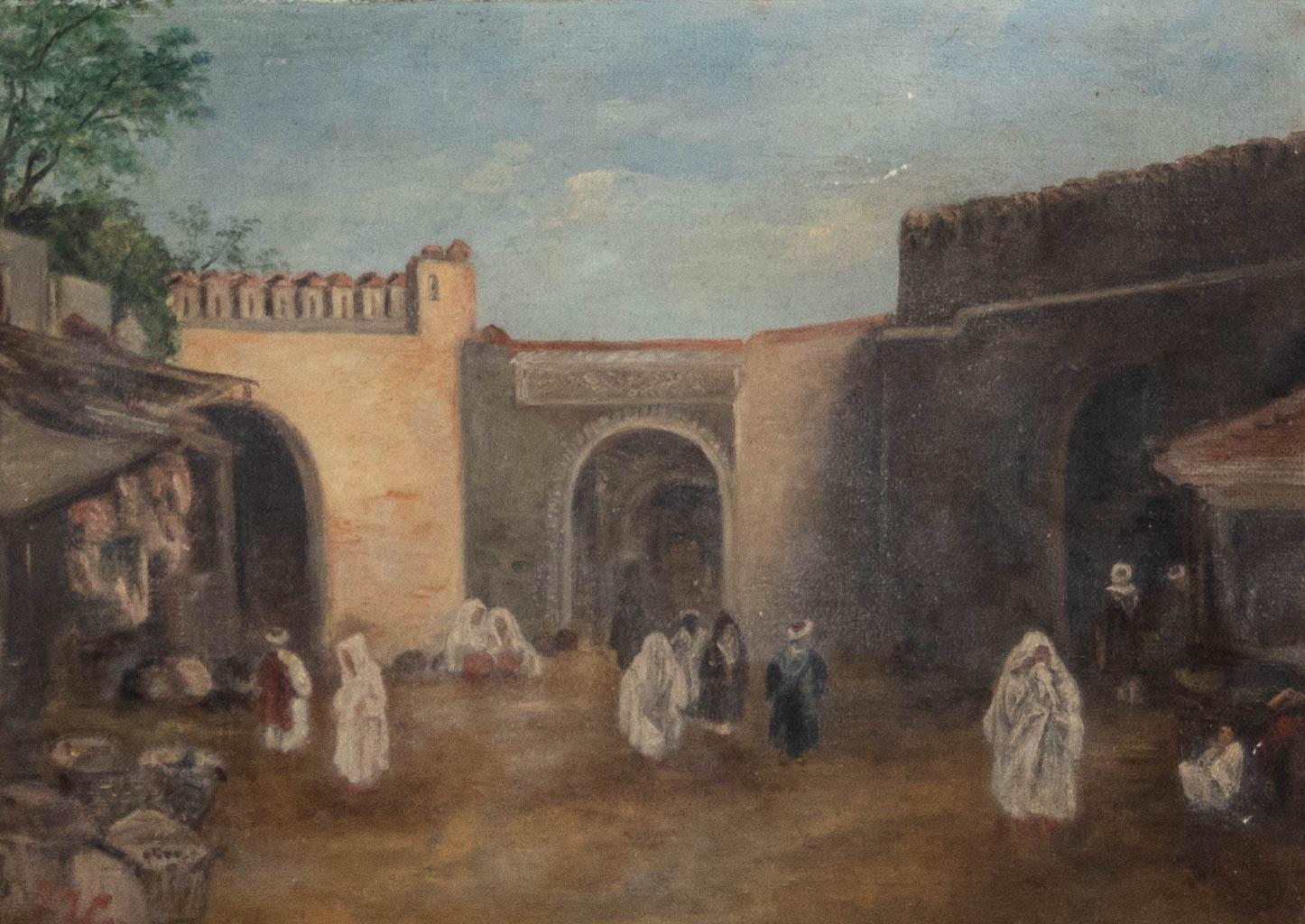 Huile du 19e siècle - Scène nord-africaine, place du marché - Painting de Unknown