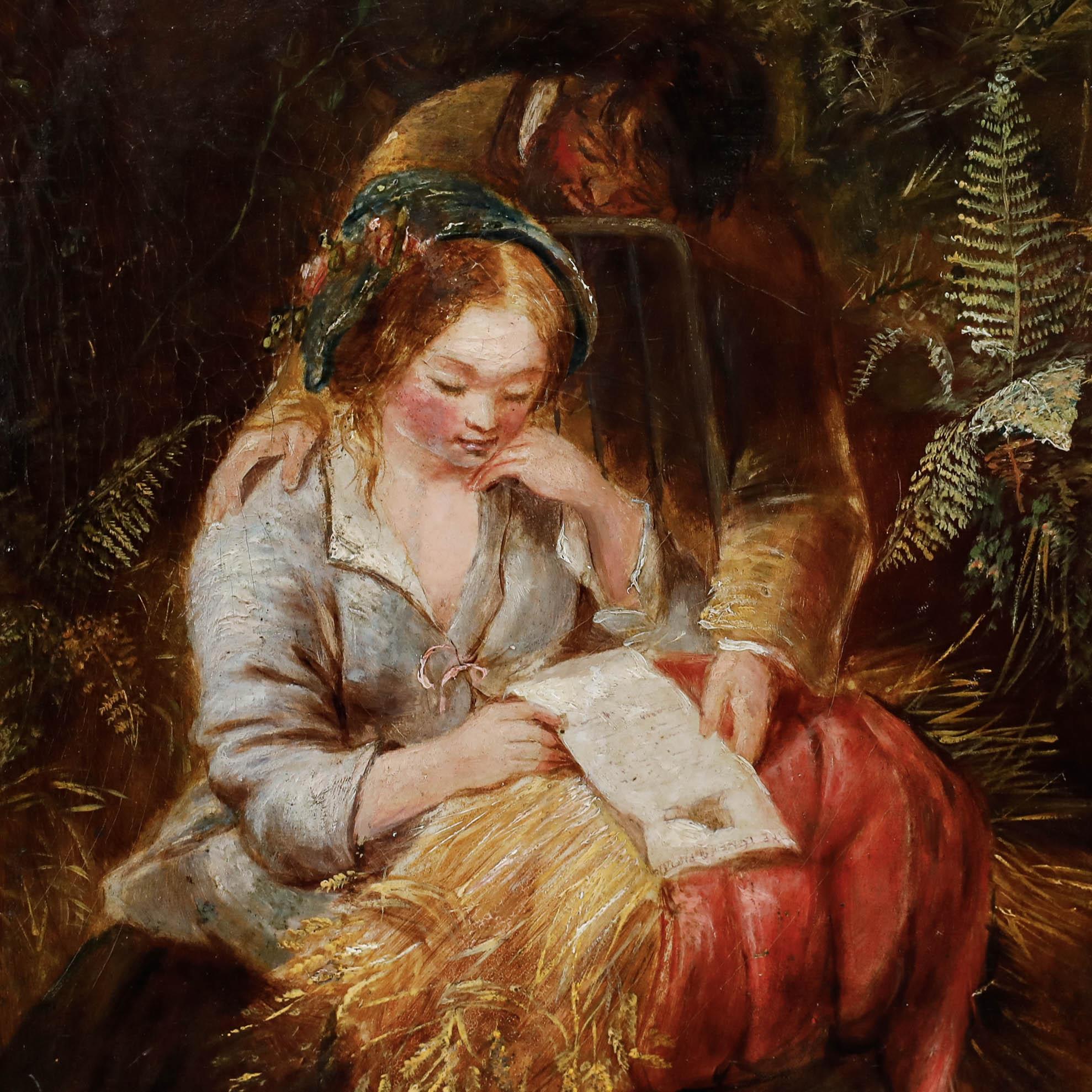 A charming 19th-century oil depicting a young couple reading a letter together. The artist renders the figures with rosy cheeks and captures the tender moment in warm tones. Unsigned. Well presented in a gilt frame. On board.