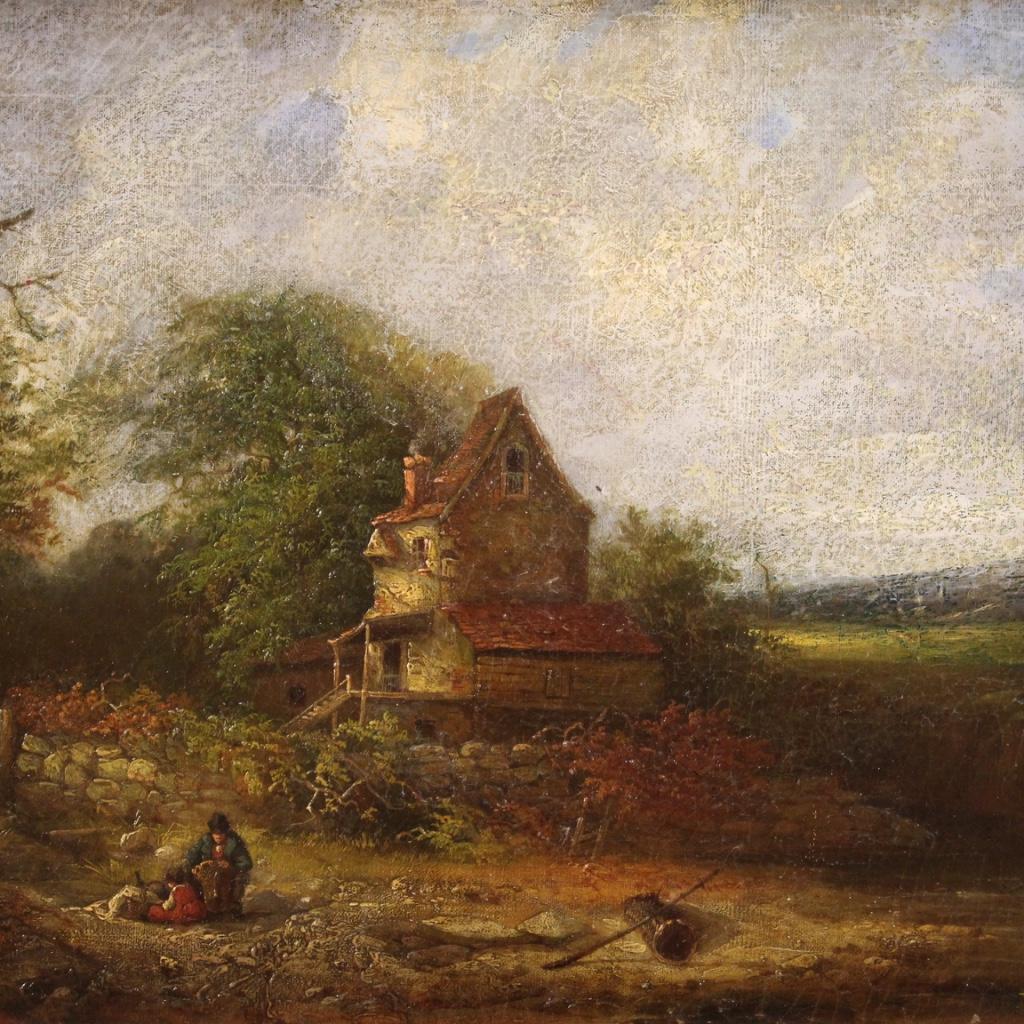 Antique American painting from the mid 19th century. Framework oil on canvas, on the first canvas, depicting a countryside landscape with a cottage and characters of good pictorial quality. Beautifully sized and pleasantly furnished painting with a