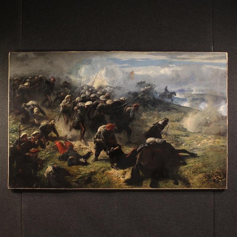 19th-Century Oil-on-Canvas Antique French Battle Painting, Signed H. P., 1880