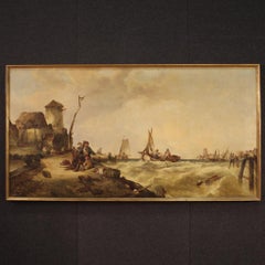 huile sur toile du 19e siècle Peinture flamande de paysage marin Vue du port, 1860