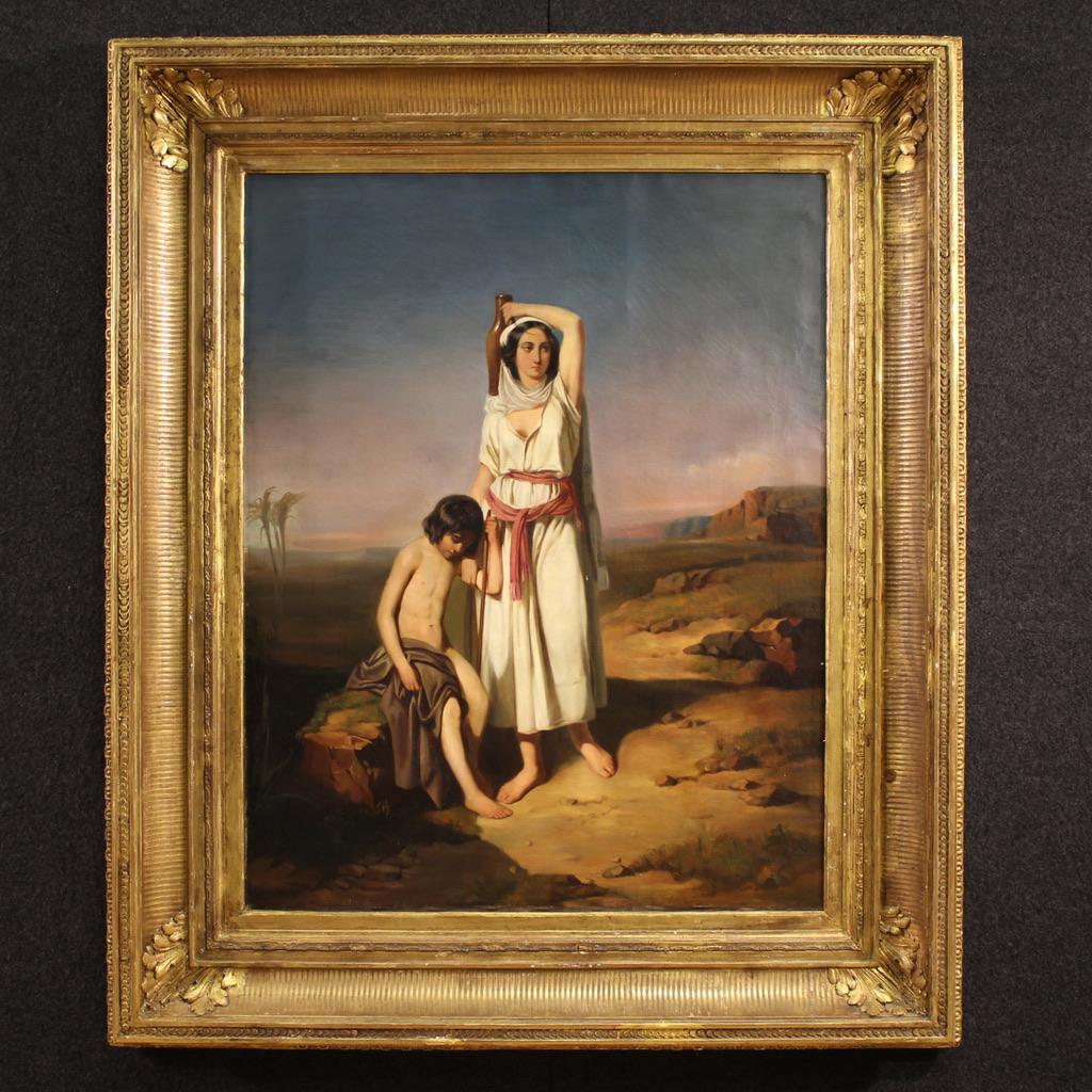19th Century Oil on Canvas French Antique Biblical Painting Hagar and Ishmael