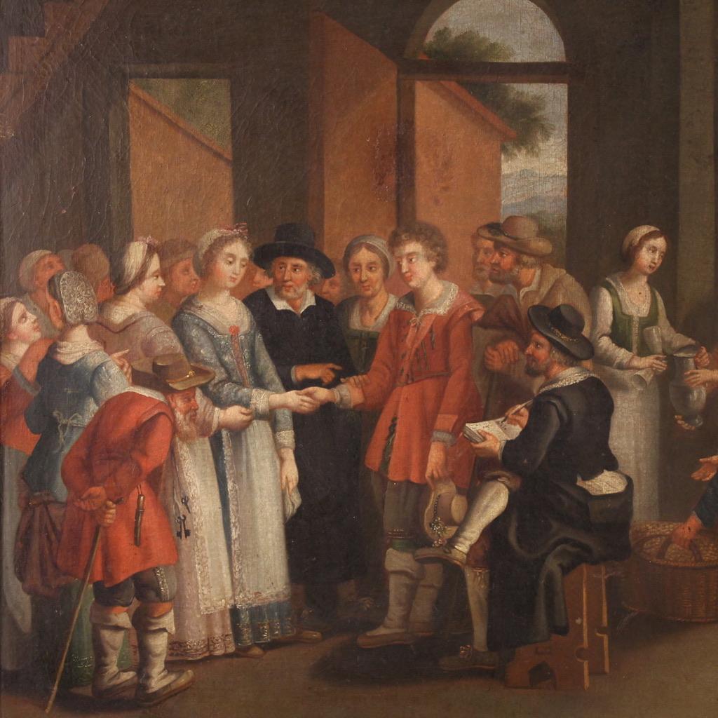 Antikes französisches Gemälde aus der ersten Hälfte des 19. Jahrhunderts. Kunstwerk in Öl auf Leinwand, das eine Innenszene mit Figuren darstellt, The Marriage Contract, von guter malerischer Qualität. Gemälde von schöner Größe und Proportion, reich