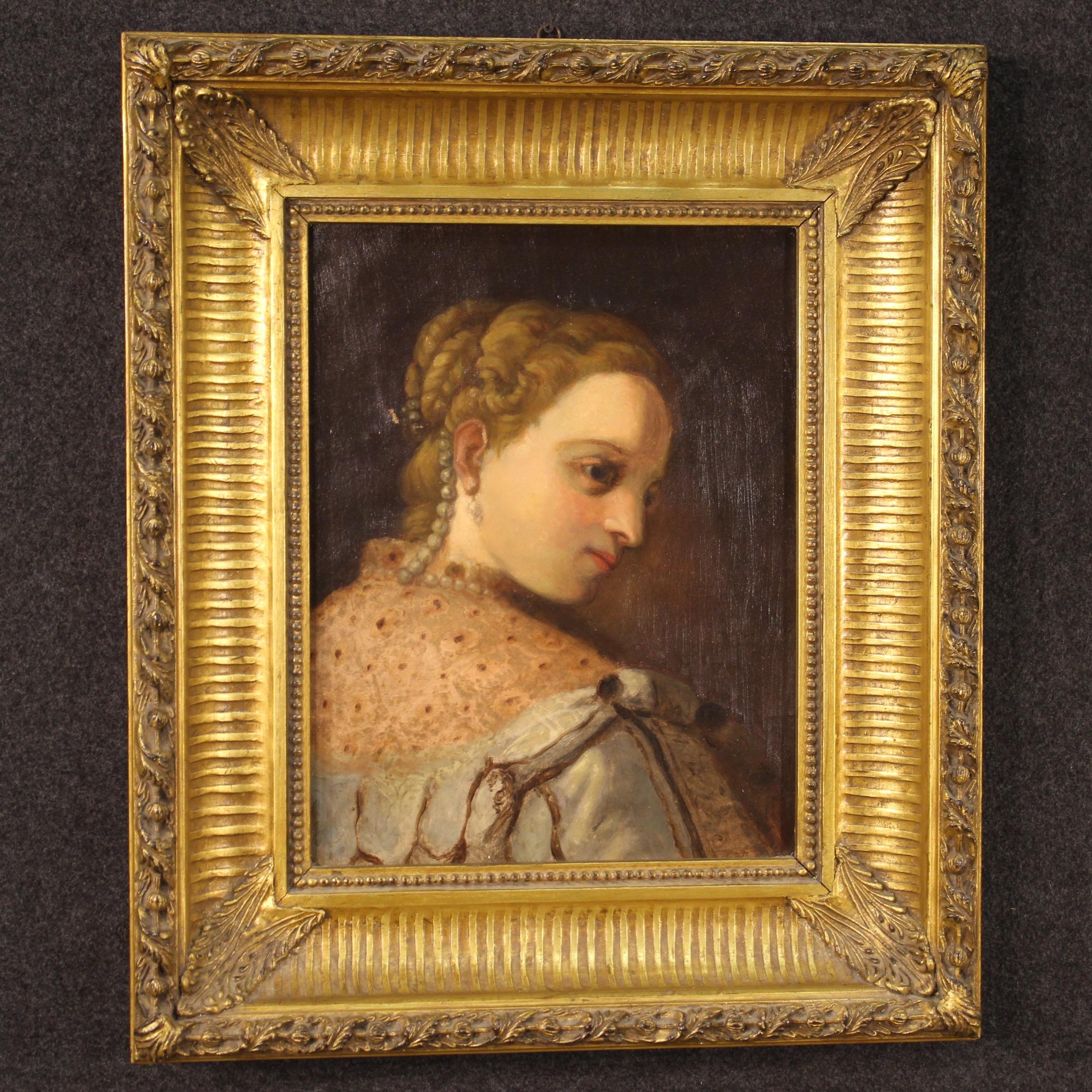 German painting from late 19th century. Framework oil on canvas depicting a copy of a famous painting by Veronese, portrait of a young noblewoman of good pictorial quality. Modern frame in wood and plaster nicely carved and gilded. Painting that has