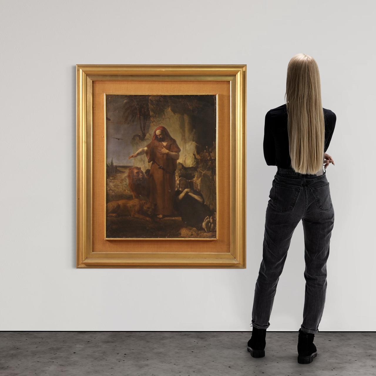 siglo XIX Óleo sobre Lienzo Pintura Religiosa Antigua Italiana San Antonio 1860 - Figurative Painting Brown de Unknown