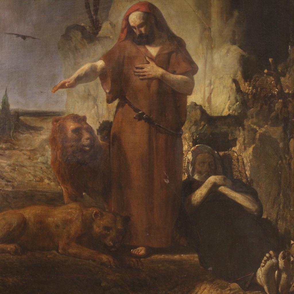 siglo XIX Óleo sobre Lienzo Pintura Religiosa Antigua Italiana San Antonio 1860 en venta 2