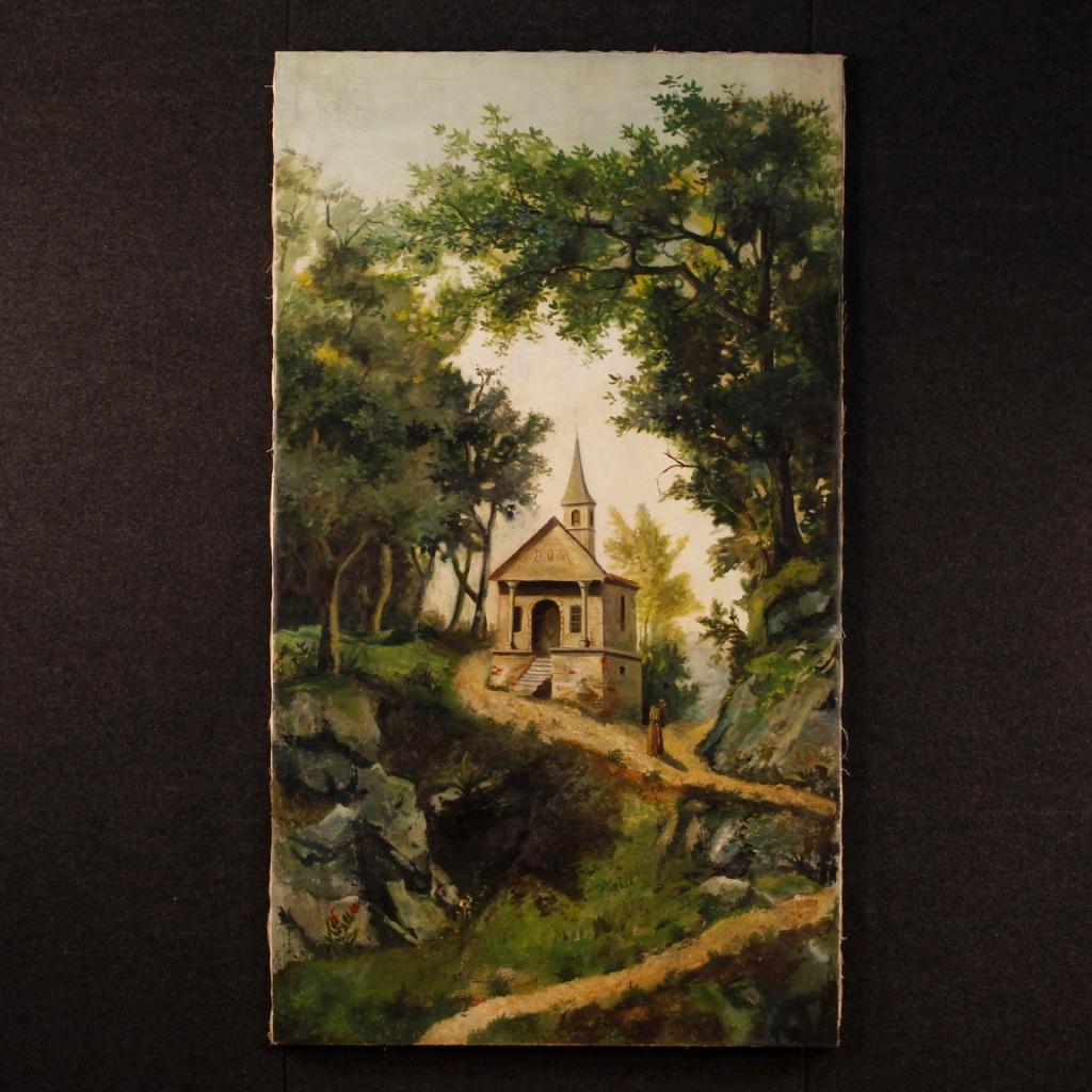 Great antique Italian painting from the second half of the 19th century. Oil painting on canvas depicting countryside landscape of romantic style. Framework that has undergone a conservative restoration and it has been backed again. Overall in good