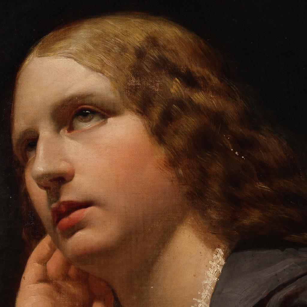19th Century Oil on Canvas Italian Lady Portrait Painting, 1870 For Sale 8
