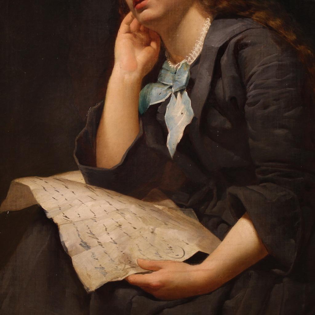 19th Century Oil on Canvas Italian Lady Portrait Painting, 1870 For Sale 9