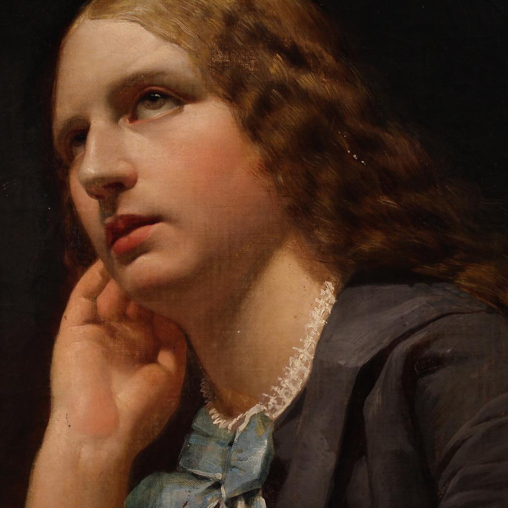 19th Century Oil on Canvas Italian Lady Portrait Painting, 1870 For Sale 11