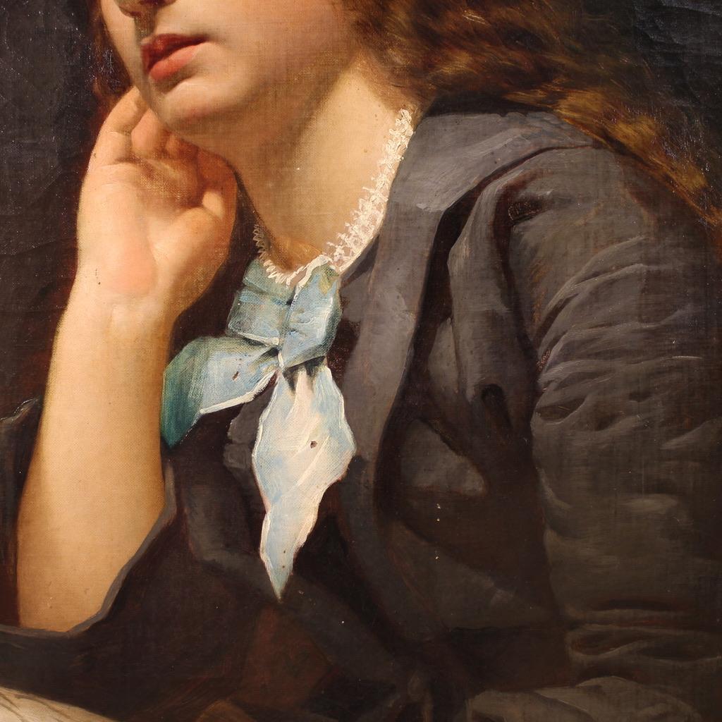 19th Century Oil on Canvas Italian Lady Portrait Painting, 1870 For Sale 12