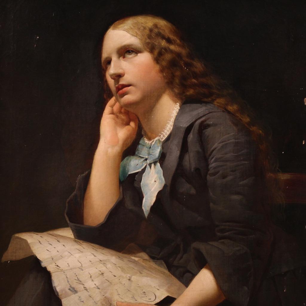 19th Century Oil on Canvas Italian Lady Portrait Painting, 1870 - Black Figurative Painting by Unknown