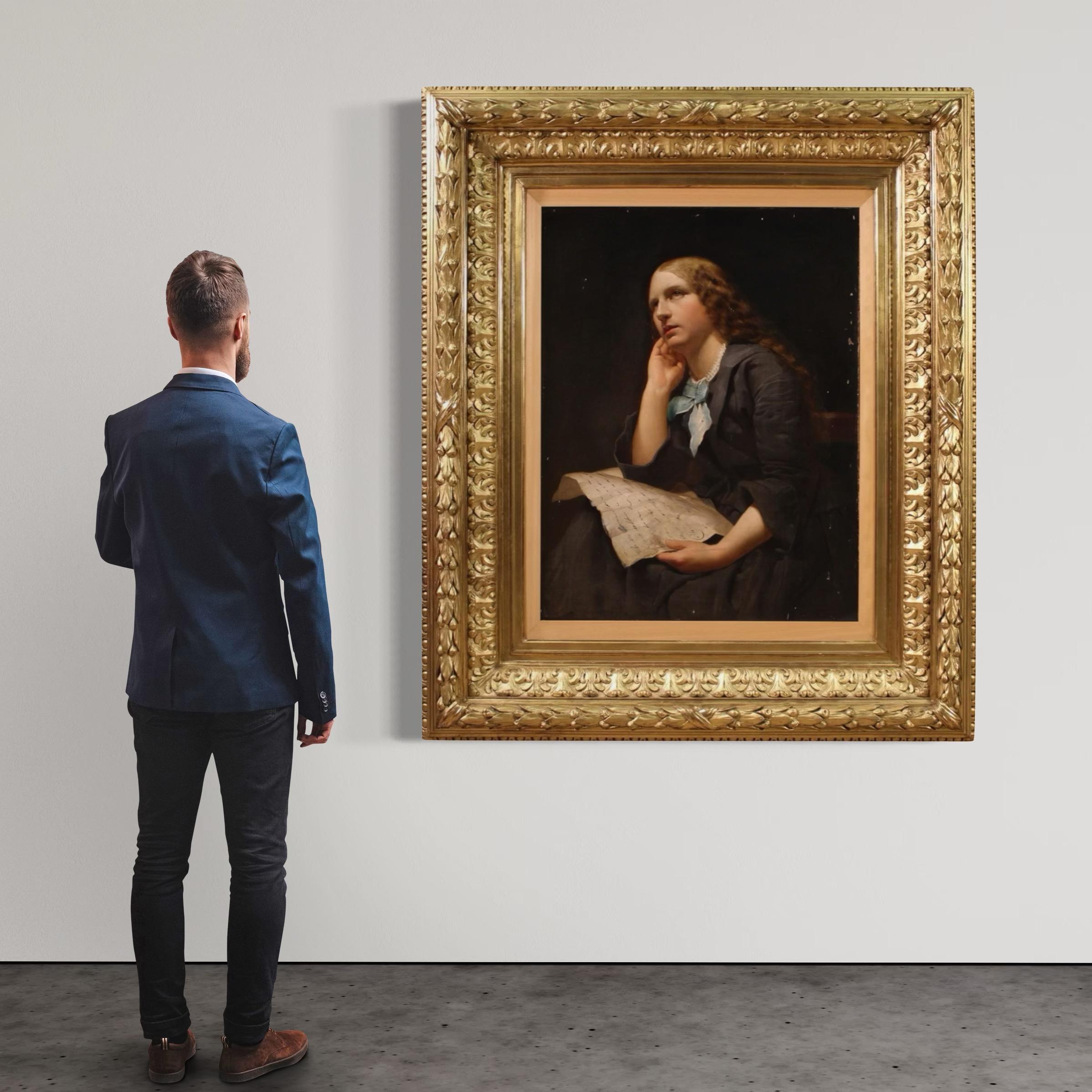 A magnificent 19th-century Italian painting. Oil on canvas, first canvas, painting depicting a young woman absorbed in thought, of extraordinary pictorial quality. The girl with long blond hair is dressed simply with a delicate blue ribbon around