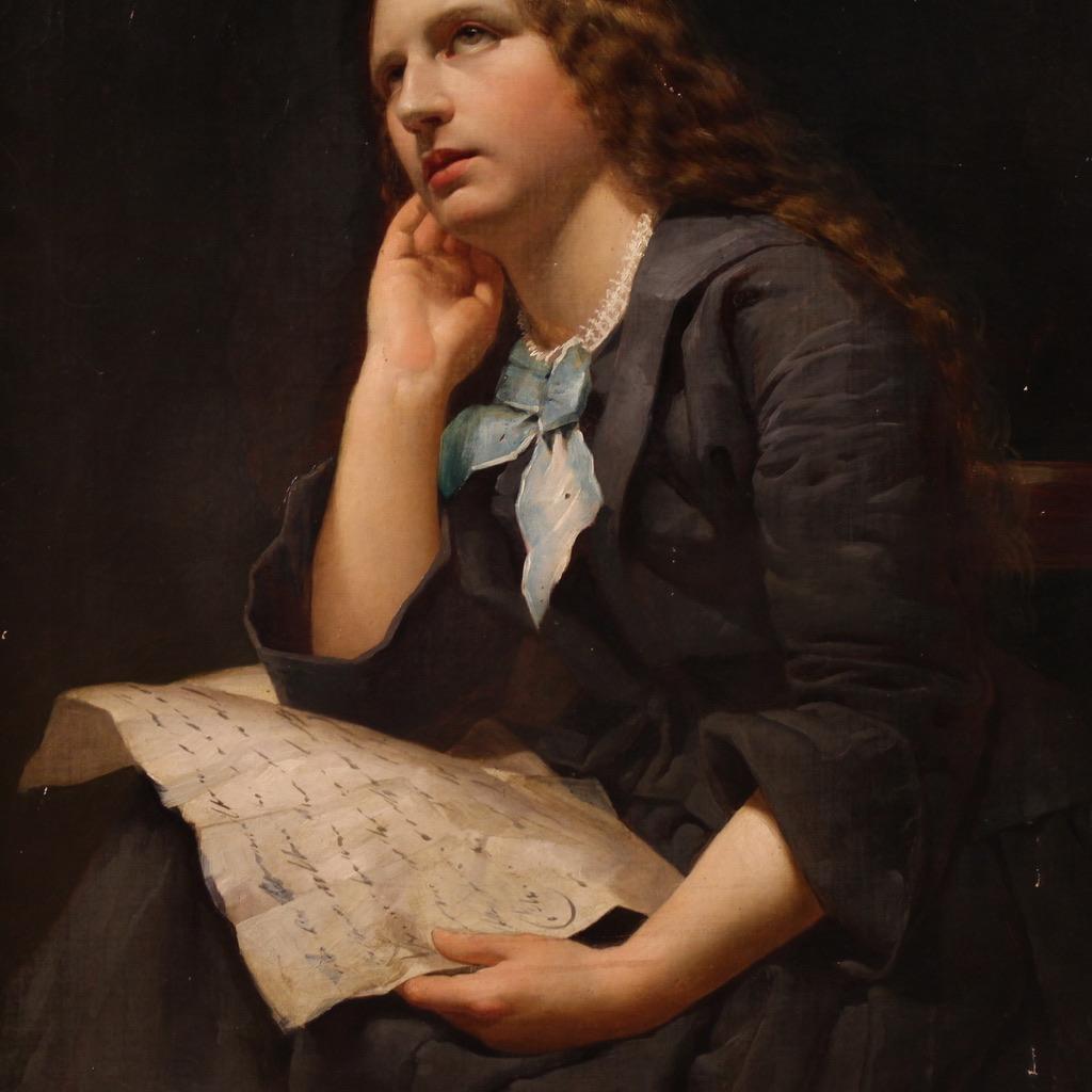19th Century Oil on Canvas Italian Lady Portrait Painting, 1870 For Sale 1