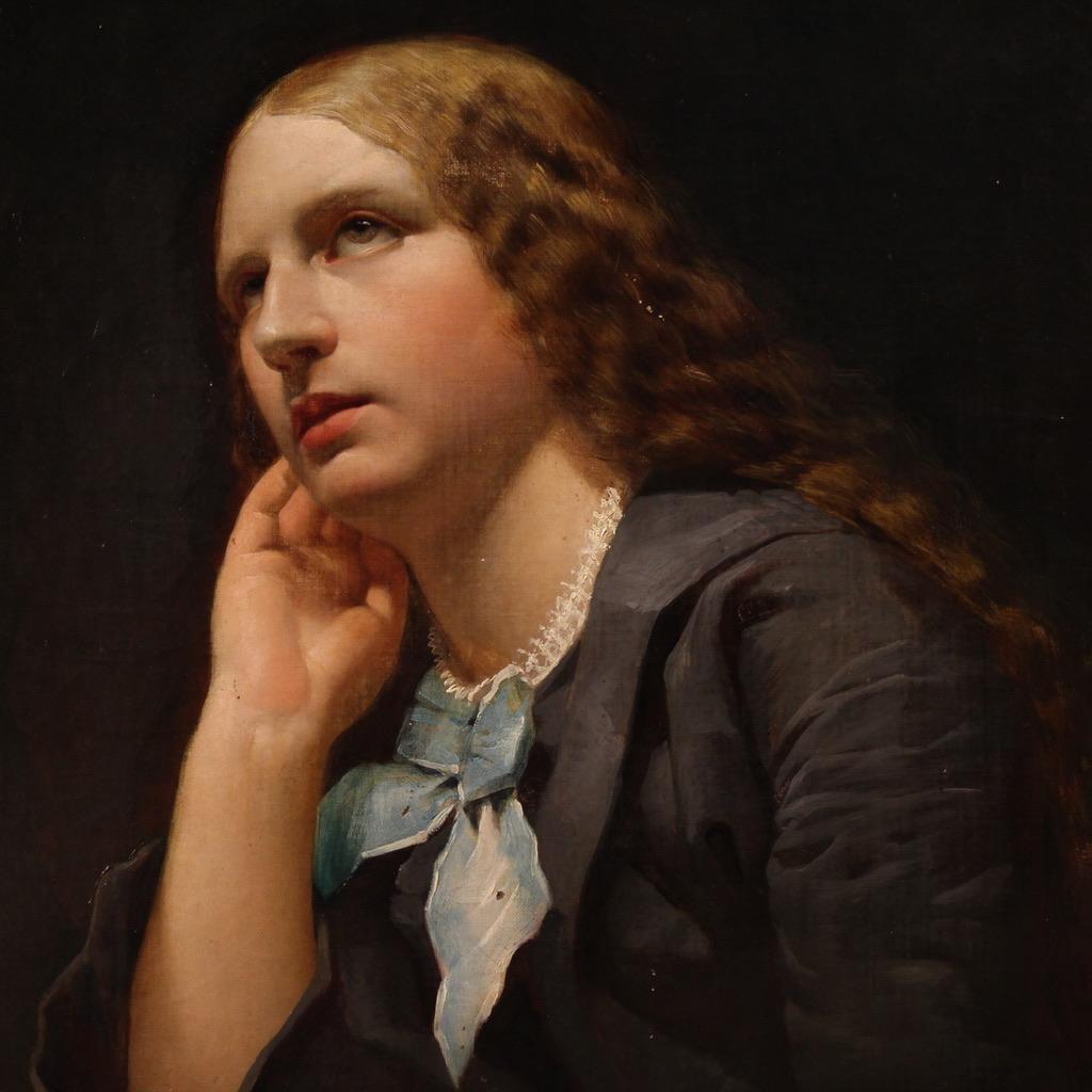19th Century Oil on Canvas Italian Lady Portrait Painting, 1870 For Sale 3