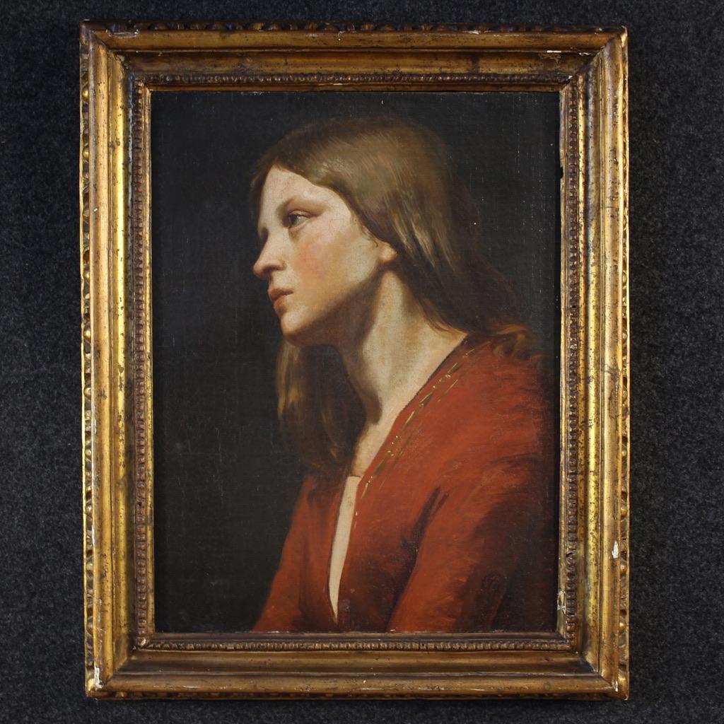 19th Century Oil on Canvas Italian Young Girl Portrait Painting, 1850