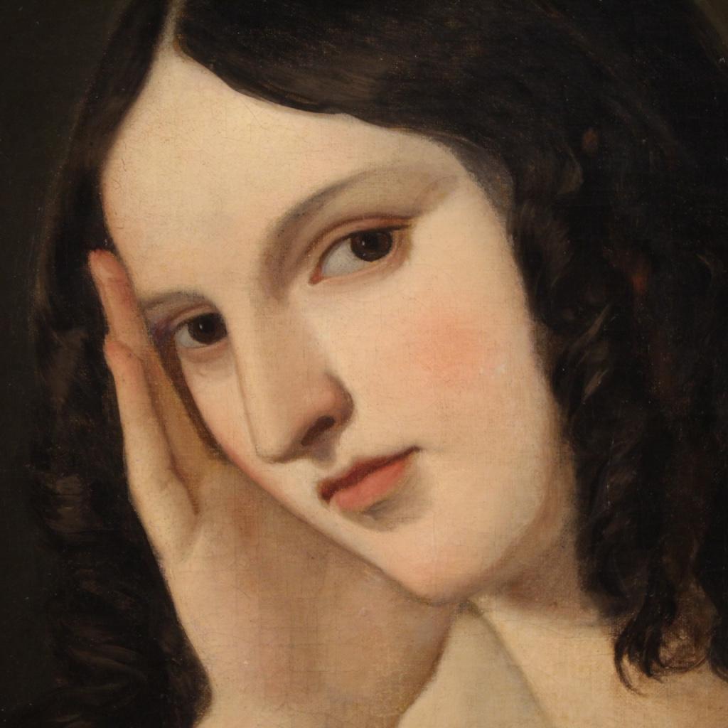 óleo sobre lienzo del siglo XIX Pintura de retrato de joven dama italiana, 1850 en venta 6