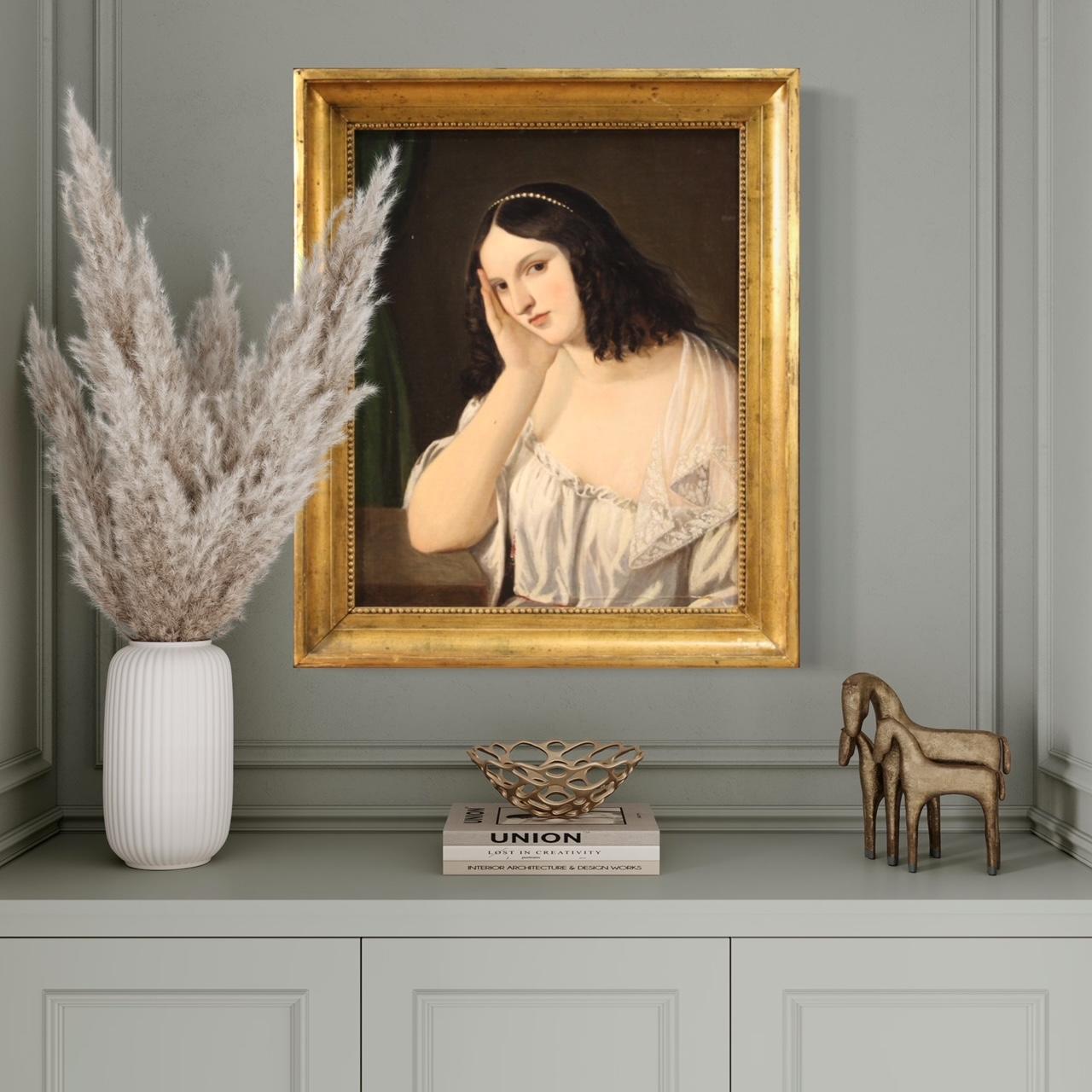 óleo sobre lienzo del siglo XIX Pintura de retrato de joven dama italiana, 1850 - Painting de Unknown
