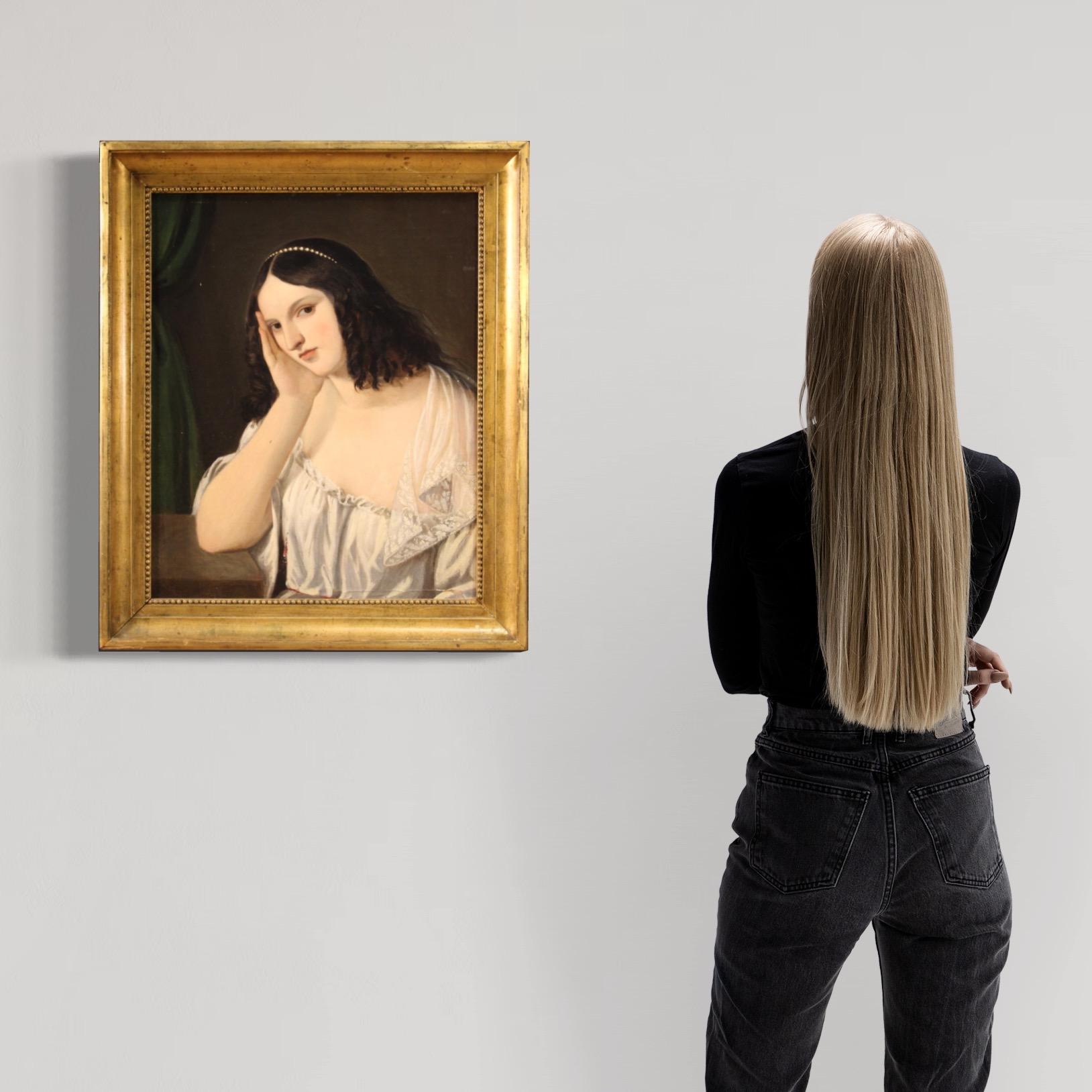 óleo sobre lienzo del siglo XIX Pintura de retrato de joven dama italiana, 1850 - Figurative Painting Black de Unknown
