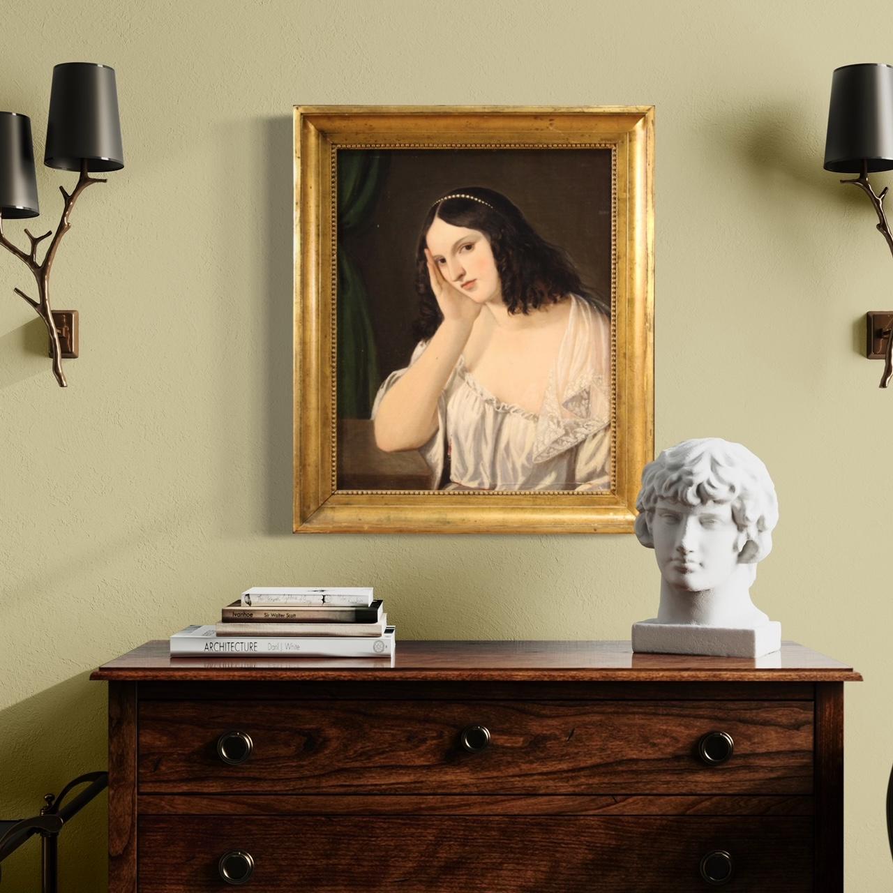 óleo sobre lienzo del siglo XIX Pintura de retrato de joven dama italiana, 1850 en venta 1