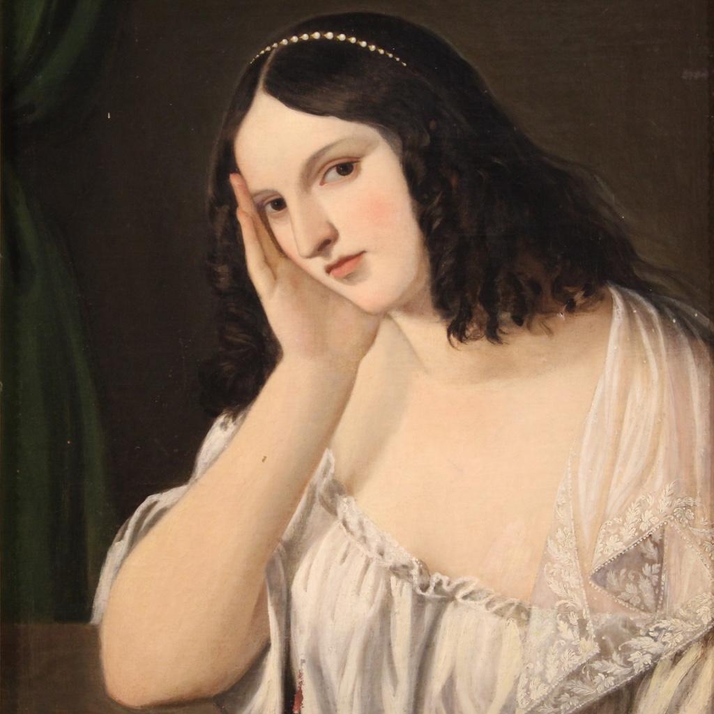 óleo sobre lienzo del siglo XIX Pintura de retrato de joven dama italiana, 1850 en venta 2