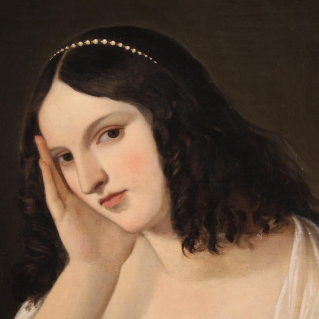 óleo sobre lienzo del siglo XIX Pintura de retrato de joven dama italiana, 1850 en venta 3
