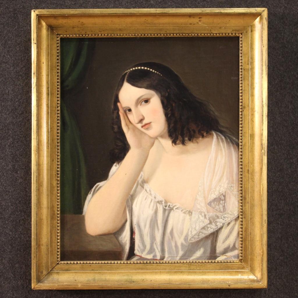 Figurative Painting de Unknown - óleo sobre lienzo del siglo XIX Pintura de retrato de joven dama italiana, 1850