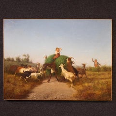 19th-Century Oil-on-Canvas Pastoral Genre Scene, Italian Painting, 1880