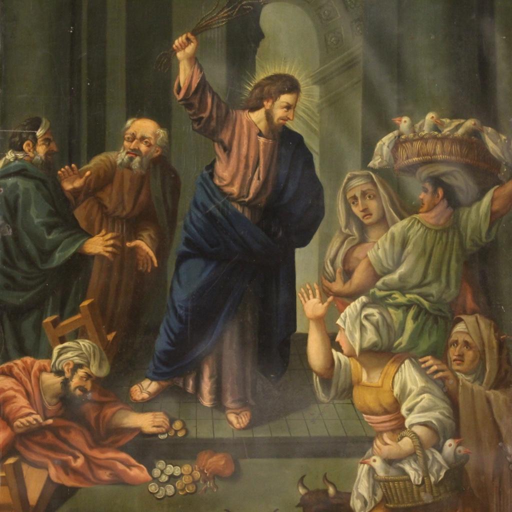 Ancient Italian painting from the late 19th century. Framework oil on copper depicting a religious subject Expulsion of merchants from the temple with good pictorial quality. Painting of great measure and impact, full of characters and decorative