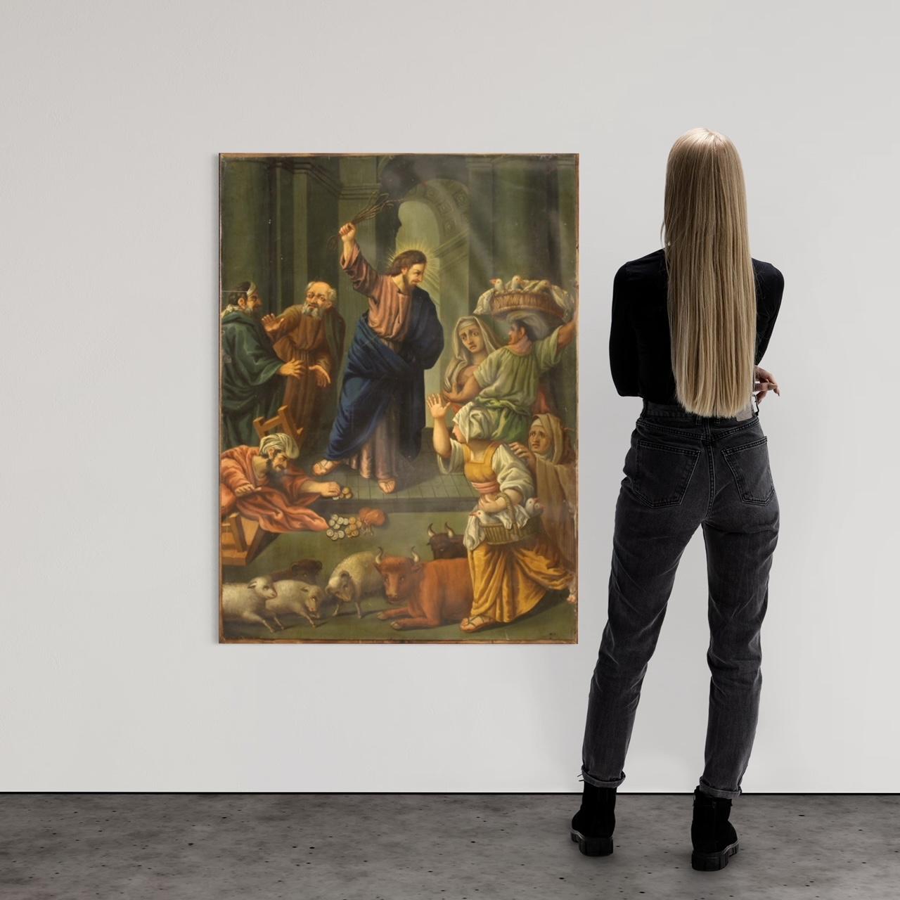 19th Century Oil on Copper Italian Religious Painting Expulsion Merchants, 1860 1