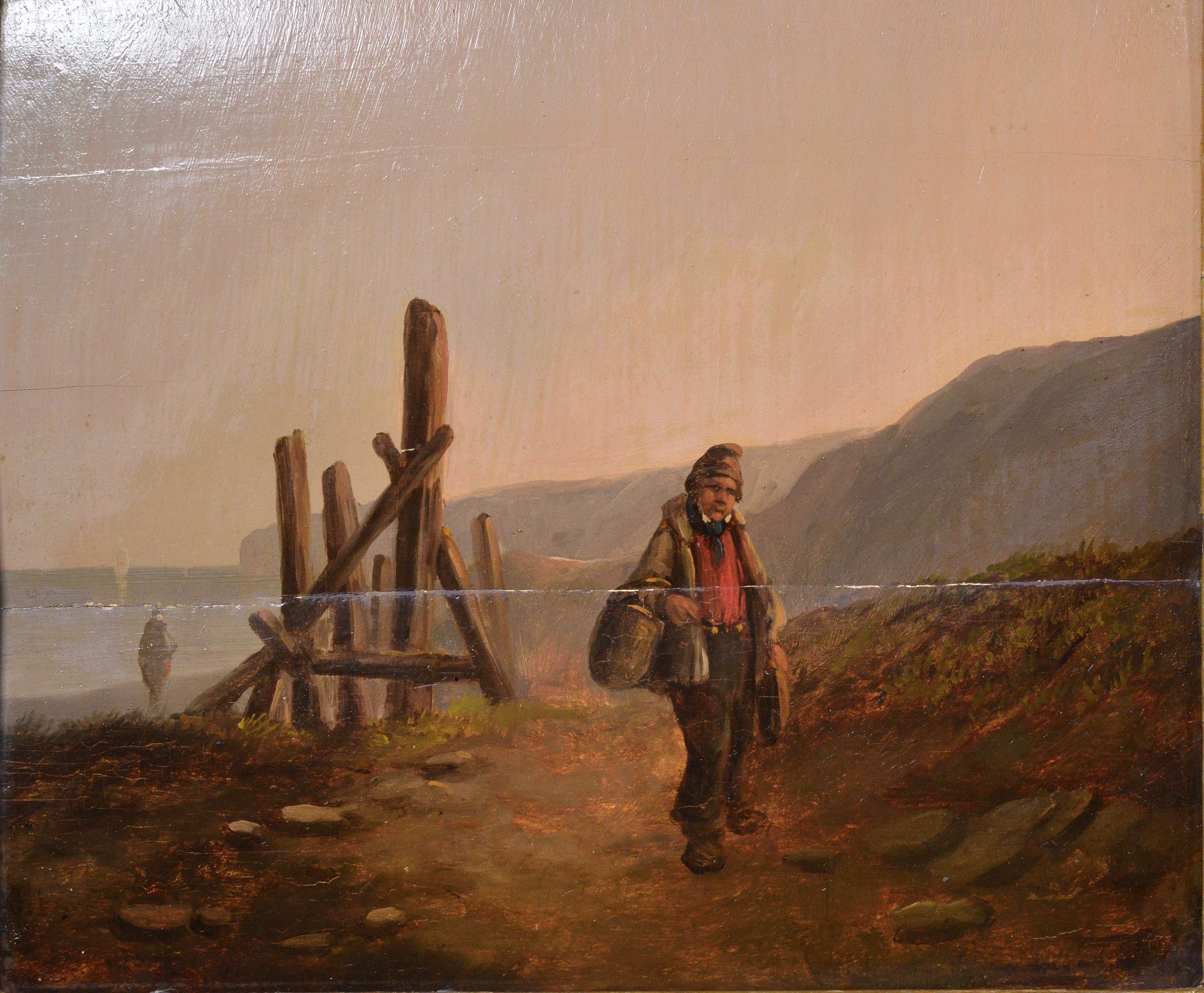 Huile sur panneau de bois du XIXe siècle Paysage côtier britannique Pêcheur Voiles lointaines - Painting de Unknown